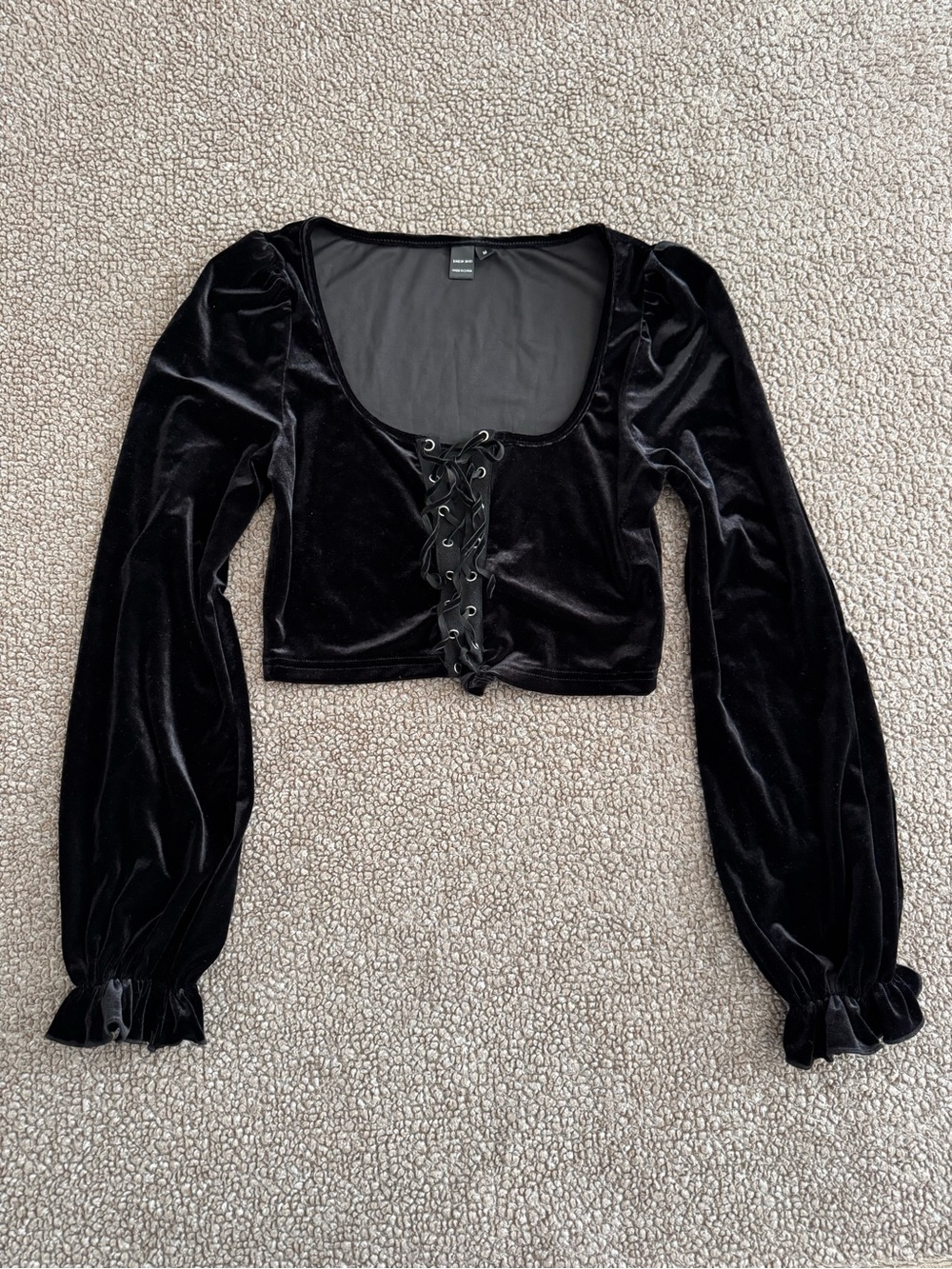 SHEIN MOD Lace-Up Front Flounce Sleeve Velvet Crop Top